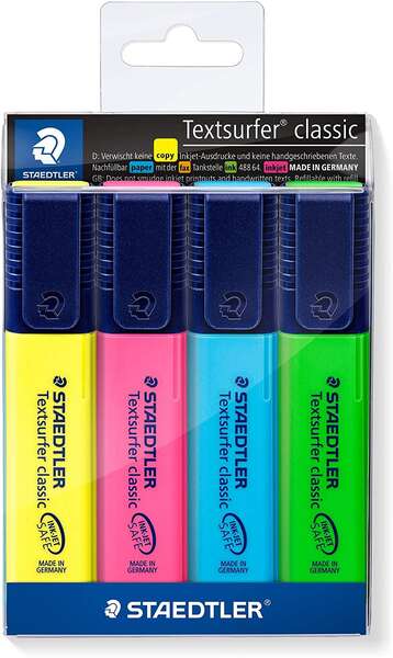 Staedtler Textsurfer Classic 364 Pack de 4 Marcadores Fluorescentes -  Secado Rapido - Trazo 1 - 5mm Aprox - Colores Surtidos