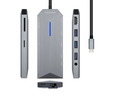 Aisens Dock 9 en 1 Hub USB-C 3.0 con 3x USB-A 3.0, 1x HDMI 1x RJ45, 1x PD 100W, 1x Audio 3.5mm, 1x Lector SD, 1x Lector MicroSD - Carcasa de Aluminio - Cable de 0.15m