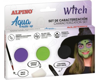 Alpino Aqua Make Up Set de Caracterizacion de Bruja - 3 Polveras + Cera Negra + Pincel + Esponja