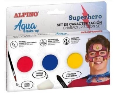 Alpino Aqua Make Up Set de Caracterizacion de Superheroes - 3 Polveras + Cera Negra + Pincel + Esponja