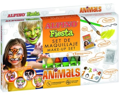 Alpino Fiesta Animales Pack de Maquillaje con 6 Barritas de Pintura Facial + Pincel + Tatuajes en Calcomania + Lapiz Perfilador y 2 Sobres de Purpurina - Se Lava con Agua - Testado Dermatologicamente