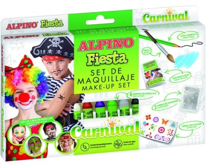 Alpino Fiesta Carnival Pack de Maquillaje con 6 Barritas de Pintura Facial + Pincel + Tatuajes en Calcomania + Lapiz Perfilador y 2 Sobres de Purpurina - Se Lava con Agua - Testado Dermatologicamente