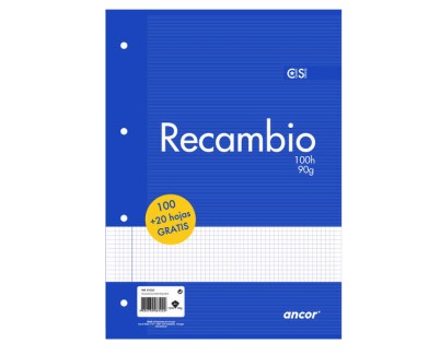 Ancor Recambio de 120 Hojas 90gr Tamaño A4 Cuadriculado 4x4mm - 4 Taladros