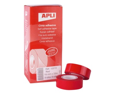 Apli Cinta Adhesiva Roja 19mm x 33m - Resistente al Desgarro - Facil de Cortar - Ideal para Manualidades y Embalaje - Rojo