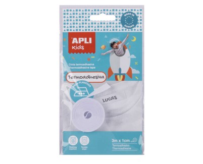 Apli Cinta Termoadhesiva para Marcar Ropa - 10mmx3m - 70% Poliester y 30% Algodon - Resistente a Lavadora y Secadora - Facil Uso con Boligrafo Comun - Color Blanco