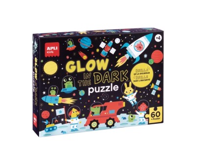 Apli Glow in the Dark Puzzle Fluorescente de 60 Piezas 6x6cm - Tematica Espacio - Efecto Fluorescente que Revela Diseños Ocultos - Poster para Facilitar Montaje - Recomendado para Niños a partir de 4 Años