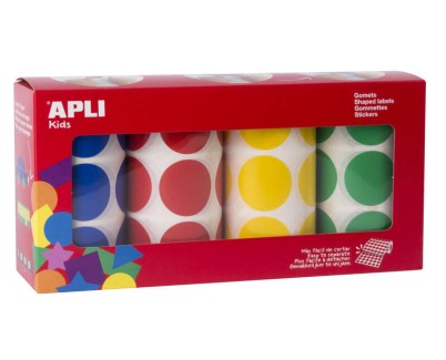 Apli Gomets Redondos Ø 33mm - Pack de 4 Rollos con 2832 Gomets - Adhesivo Permanente - Ideal para Desarrollar Habilidades en Guarderias