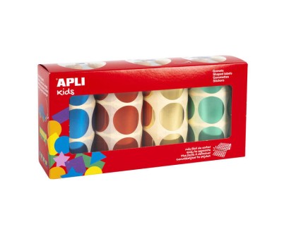 Apli Gomets Redondos Metalizados Ø 33mm - Pack de 4 Rollos (Amarillo, Azul, Rojo y Verde) - 2256 Gomets en Total - Hojas Pretroqueladas para Facil Separacion