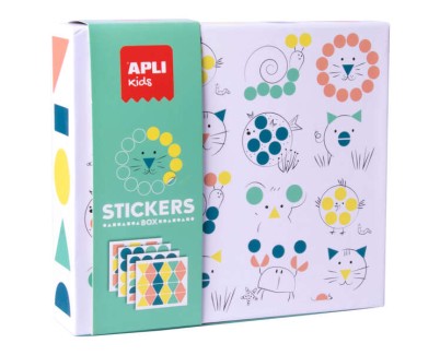 Apli Kids Juego de Gomets Animales - 8 Laminas Ilustradas de 200G - 8 Hojas de Gomets Removibles Geometricos - Libro Guia con Ejemplos - Alto Valor Didactico - Caja de Carton con Diseño Exclusivo