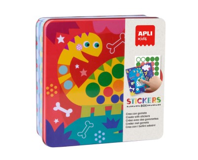 Apli Kids Juego de Gomets Dino - Incluye 8 Laminas Ilustradas - 8 Hojas de Gomets Removibles - Caja Metalica Exclusiva