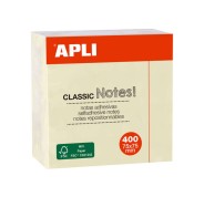 Apli Notas Adhesivas Classic 75x75mm - Cubo de 400 Hojas - Adhesivo de Calidad - Facil de Despegar - Amarillo