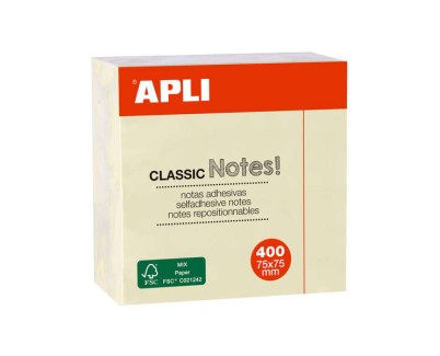 Apli Notas Adhesivas Classic 75x75mm - Cubo de 400 Hojas - Adhesivo de Calidad - Facil de Despegar - Amarillo