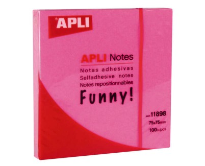 Apli Notas Adhesivas Funny 75x75mm - Bloc de 100 Hojas - Adhesivo de Calidad - Facil de Despegar - Rosa Fluorescente