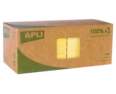 Apli Notas Adhesivas Recicladas Classic 75x75 - 12 Blocs de 100 Hojas - Adhesivo de Calidad - Papel Reciclado - Amarillo