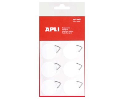 Apli Pack de 12 Colgadores Autoadhesivos Redondos Ø 30mm - Triangulo Metalico de Soporte - Base Adhesiva Blanca - Gran Resistencia - Ideal para Fotos, Calendarios y Posteres