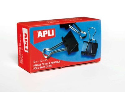 Apli Pinzas Abatibles 15x32mm - Clips de Acero Templado en Negro - Asas en Acabado Niquel - Caja con 12 Unidades - Sujecion Óptima Hasta 120 Hojas