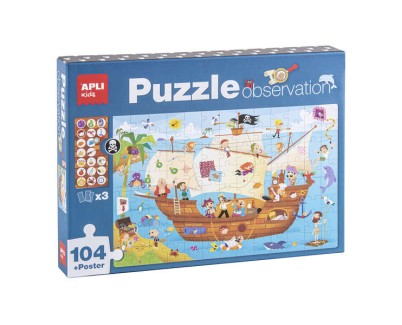 Apli Puzzle Observacion Barco Pirata de 104 Piezas de 5x5cm - Incluye Poster y 3 Fichas - Facil Manejo - Desarrolla Habilidades y Autoestima - Recomendado para Niños a partir de 5 Años