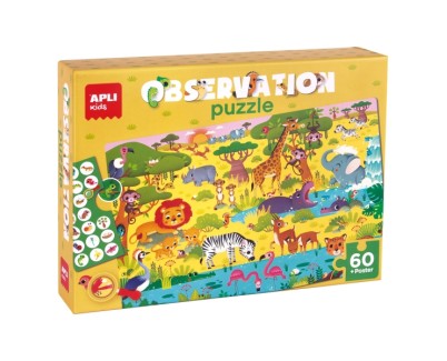 Apli Puzzle Observacion Junior Jungla de 60 Piezas de 6x6cm - Incluye Poster y 1 Ficha con Diferentes Objetos - Desarrolla la Concentracion, Observacion y Memoria - Recomendado para Niños a partir de 4 Años