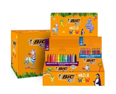 Bic Kids Expositor de 12 Packs de 12 Rotuladores Couleur + 12 Packs de 12 Lapices de Colores Evolution Stripes - Colores Surtidos