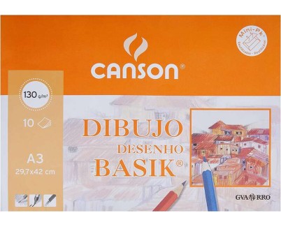 Canson Minipack de 10 Hojas de Dibujo Basik Liso A3 - 29,7x42cm - 130g - Color Blanco