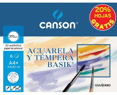 Canson Minipack de 6 Hojas Acuarela Basik 24x32 370g - 20% Hojas Gratis - Color Blanco