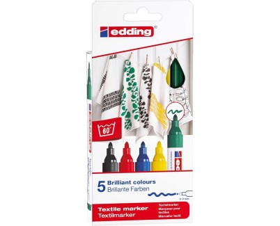 Edding 4500 Basicos Pack de 5 Rotuladores Permanentes para Textil - Punta Redonda - Trazo 2-3mm - Olor Neutro - Secado Rapido - Colores Negro, Verde, Amarillo, Rojo y Azul