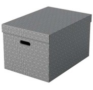 Esselte Pack de 3 Cajas Grandes de Almacenamiento con Tapa 355x305x510mm - Carton 100% Reciclado y Reciclable - Asas Integradas - Diseño Gris con Dibujo