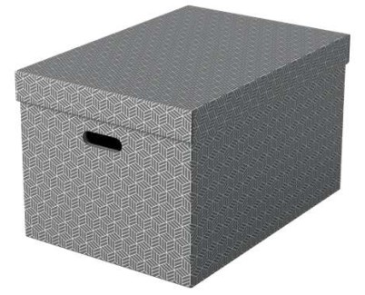 Esselte Pack de 3 Cajas Grandes de Almacenamiento con Tapa 355x305x510mm - Carton 100% Reciclado y Reciclable - Asas Integradas - Diseño Gris con Dibujo