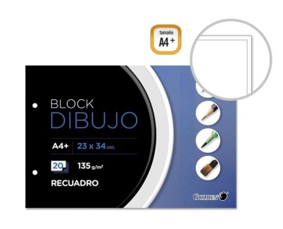 Golden Bloc de Dibujo A4+ 20 Hojas con Recuadro Interior A4 - Papel de 135gr - Encolado con 2 Taladros