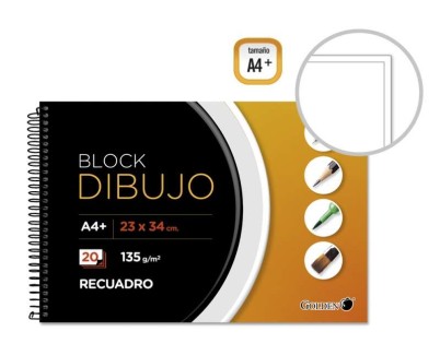 Golden Cuaderno de Dibujo A4 Plus - Papel de 135gr - 20 Hojas - Recuadro Interior Tamaño A4