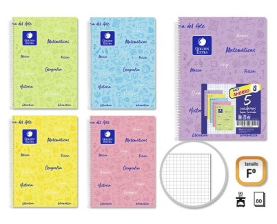 Golden Pack de 5 Cuadernos Asignatura Folio 80 Hojas 90gr Cuadricula 4x4 - Resistente - Ideal para Estudiantes - Tapa Flexible - Colores Pastel Surtidos