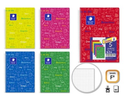 Golden Pack de 5 Cuadernos Asignatura Folio 80 Hojas 90gr Cuadricula 4x4 - Resistente - Ideal para Estudiantes - Tapa Flexible - Colores Surtidos