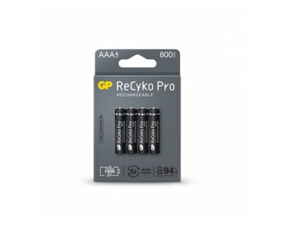 GP ReCyko Pro Pack de 4 Pilas Recargables 800mAh AAA 1.2V - Precargadas - Ciclo de Vida: Hasta 1.500 Veces