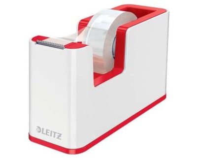 Leitz WOW Dispensador de Cinta Adhesiva - Para Rollos de hasta 19mm x 33m - Incluye Cinta Autoadhesiva Escribible - Color Blanco/Rojo