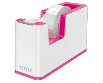 Leitz WOW Dispensador de Cinta Adhesiva - Para Rollos de hasta 19mm x 33m - Incluye Cinta Autoadhesiva Escribible - Color Blanco/Rosa