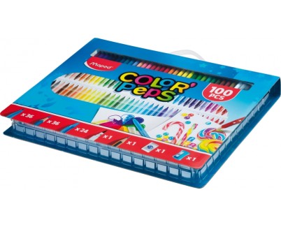 Maped Color`Peps Pack de 100 Piezas para Colorear - 36 Rotuladores, 36 Lapices, 24 Ceras, 1 Rotulador Punta Pincel, 1 Lapiz Grafito, 1 Goma y 1 Sacapuntas - Colores Surtidos