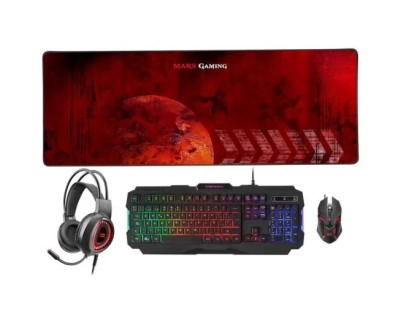 Mars Gaming Pack 4 en 1 de Teclado Tecnologia Hibrida H-Mech, Antighosting USB RGB + Raton 4000dpi USB RGB + Auriculares con Microfono Jack 3.5mm Audio + Mic RGB + Alfombrilla 760x300x3mm