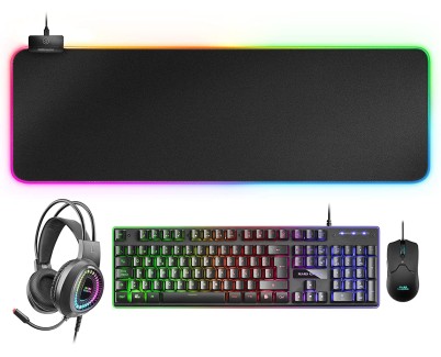 Mars Gaming Pack 4 en 1 USB con Iluminacion RGB Teclado Tecnologia Hibrida H-Mech, Antighosting + Raton 10000dpi + Auriculares con Microfono + Alfombrilla 800x300x4mm