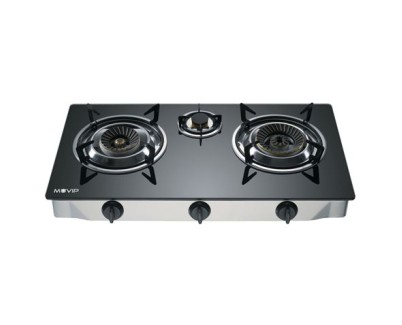 Muvip Cocina de Gas Inox 3 Fuegos - Cristal Templado - Encendido Piezoelectrico - Quemador de Hierro Fundido Desmontable