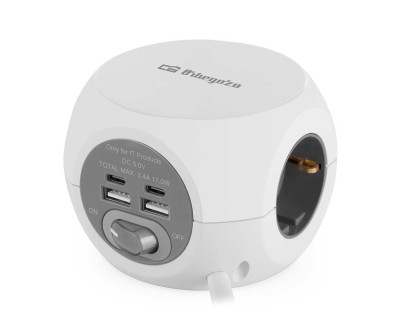 Orbegozo EN 4000 - Enchufe 7 en 1 con Tomas de Tierra y Conexiones USB-C - Compacto y Seguro - Ideal para Viajes - Cable de 1.5 Metros - Carga Multiples Dispositivos Simultaneamente