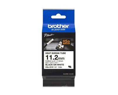 Original Brother HSe231E Cinta Tubo Termorretractil de Etiquetas para Cables - Texto negro sobre fondo blanco - Ancho 11.2mm x 1.5 metros - Cable recomendado Ø 2.1mm a 7.0mm