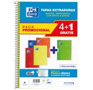 Oxford School Classic Write&Erase Pack 4+1 Fº - Cuaderno Espiral - Tapa Extradura - 1 Linea con Margen - 80 Hojas - Colores Surtidos