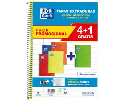 Oxford School Classic Write&Erase Pack 4+1 Fº - Cuaderno Espiral - Tapa Extradura - 1 Linea con Margen - 80 Hojas - Colores Surtidos