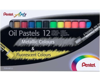 Pentel Oil Pastels Pack de 12 Pasteles Oleo - 6 Metalicos y 6 Fluorescentes - Blandos, Cremosos y de Secado Lento - Colores Metalicos y Fluorescentes Surtidos