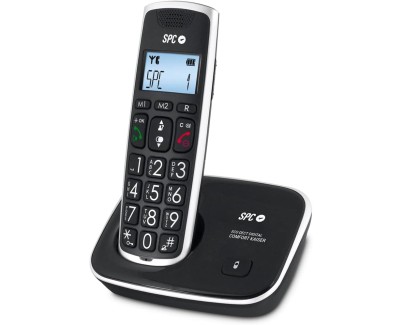 SPC Telefono Fijo Inalambrico para Mayores - Teclas y Numeros Extragrandes - Volumen de Auricular Amplificado - Agenda y 2 Memorias Directas - Identificador de Llamadas y Manos Libres - Pilas Recargables - Version Duo - Color Negro