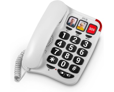 SPC Telefono Fijo para Personas Mayores - Teclas XXL - Llamadas con una Sola Pulsacion - Volumen de Timbre de 93Db - Compatible con Audifonos - sin Pilas ni Conexion a la Luz - Color Blanco