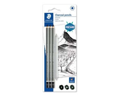 Staedtler Mars Lumograph Charcoal 100C Pack de 3 Lapices de Grafito + Difuminador - Alta Proporción de Carbon y Carboncillo - Graduaciones Surtidas