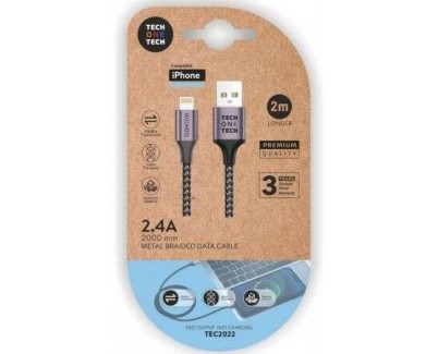 TechOneTech Cable USB-A Macho a Lightning Macho 2m - Recubierto de Nylon Trenzado