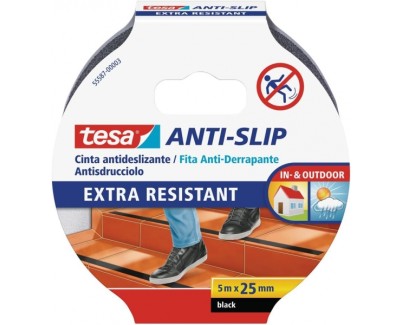 Tesa Cinta Adhesiva Antideslizante 25mm x 5m - Extremadamente Fuerte y Duradera - Adhesion muy Fuerte - Se puede Cortar a Mano - Color Negro