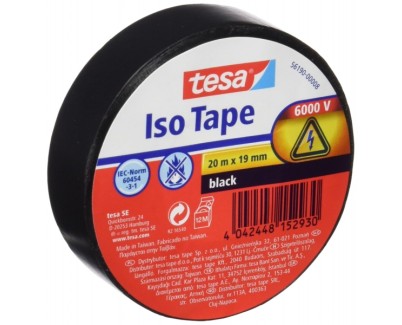 Tesa Cinta Aislante 19mm x 20m - Fabricada en PVC - Para Reparar, Aislar y Agrupar todo tipo de Cables Electricos - Color Negro